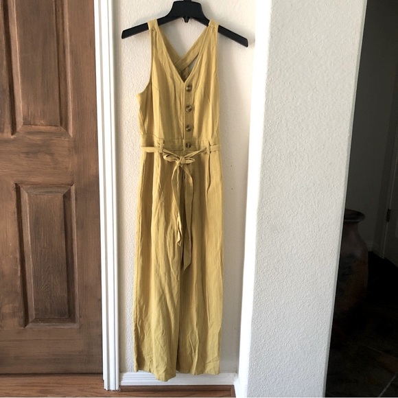 Emmer & Oat Jumpsuit Halter Pinstripes Mustard Cotton Blend Size Small Pockets - Picture 2 of 13